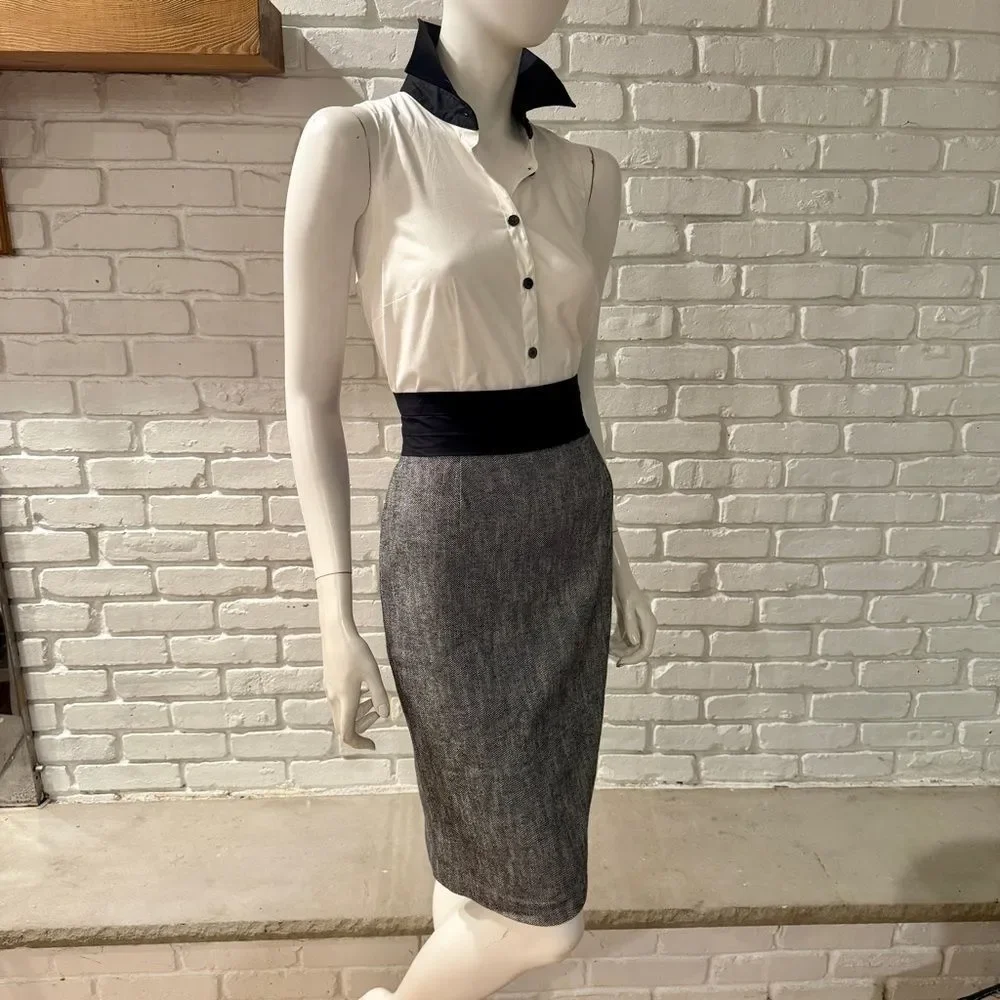 Black White Colorblock Sheath Dress Sleeveless Collared Pencil Dress Work Office